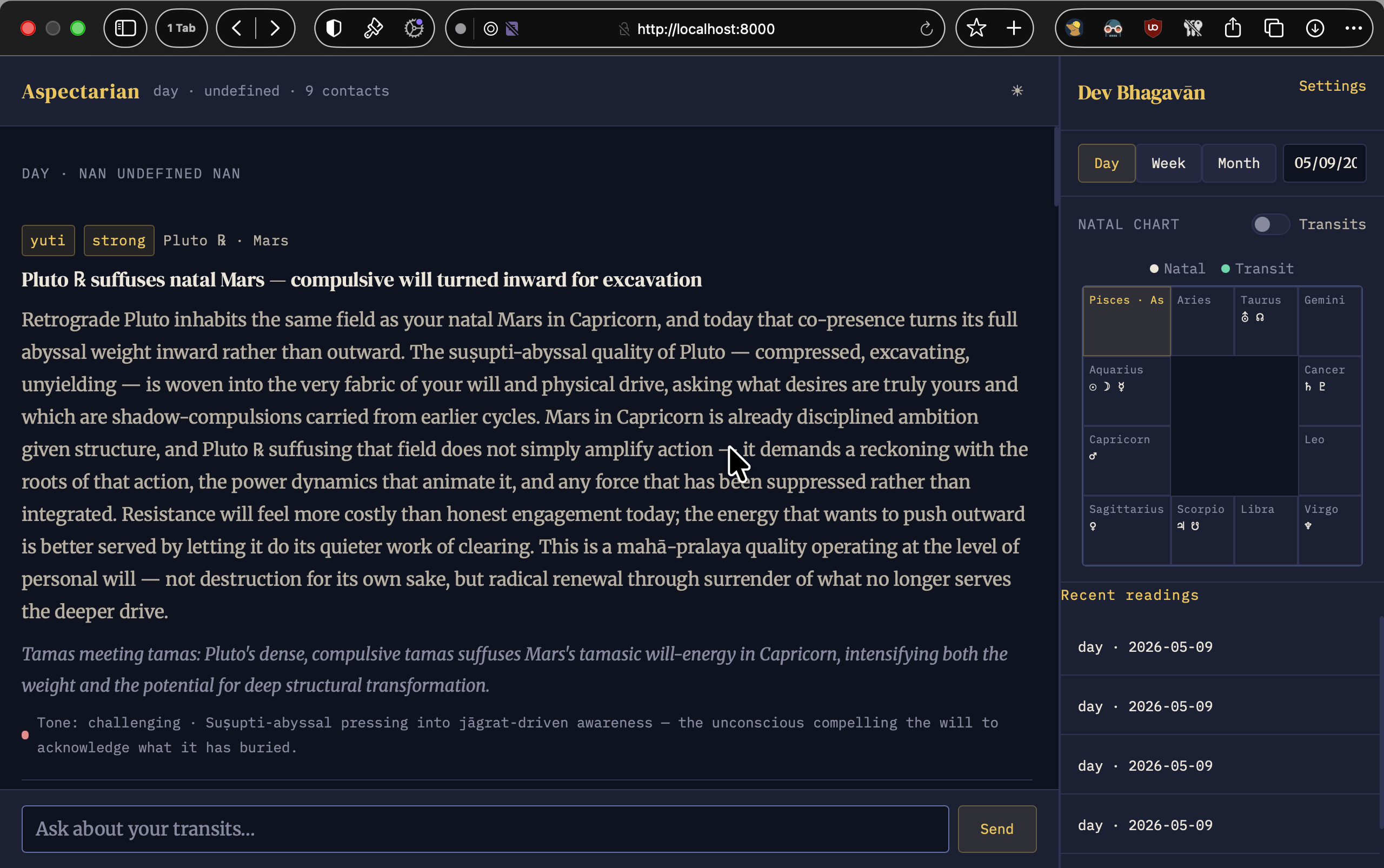 Screenshot of the Jyotiṣa Aspectarian astrological interface